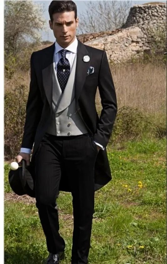 Groomsmen stile mattutino smoking da sposo con risvolto a punta nero abiti da uomo matrimonio/ballo/cena blazer da uomo migliore (giacca + pantaloni + cravatta + gilet) B452