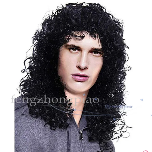 Gorący sprzedawanie Męskie Długie Kręcone Czarne Hard 80. Rocker WIG Temat Party Wig Halloween Kostium Anime Wig Dla mężczyzn / kobiet