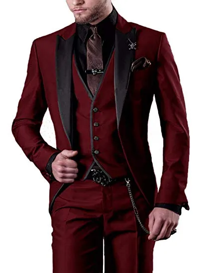 Fashionable One Button Burgundy Groom Tuxedos Peak Lapel Men Wedding Party Groomsmen 3 pieces Suits (Jacket+Pants+Vest+Tie) K238