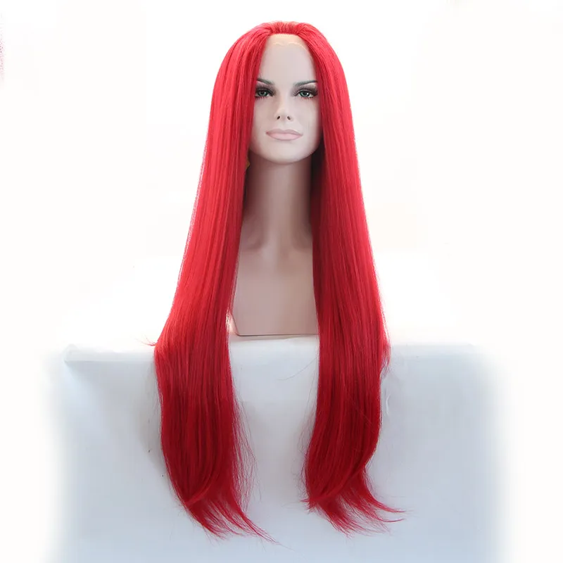 새로운 스타일 붉은 색 열 저항 머리 가발 긴 여성용 코스프레를위한 긴 합성 레이스 프론트 가발