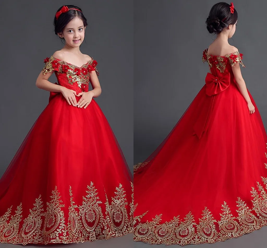 Red Off Shoulder Flower Girl Dresses Embroidered Lace Beaded Girls