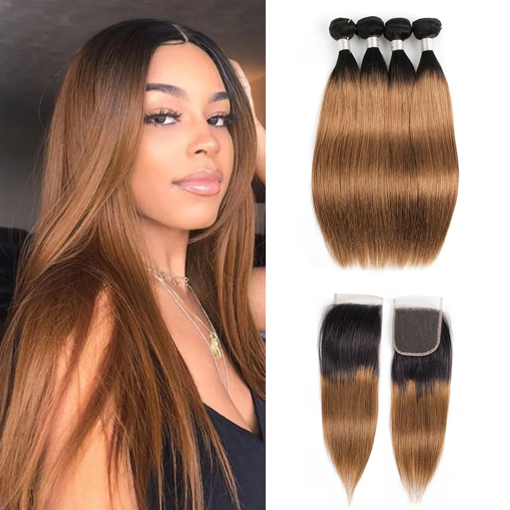 1B 30 Dark Blonde Bundles With Closure Straight Hair Ombre Dark Roots Brazilian Remy Human Hair Extensions 4 Bundles With 4x4 Lace Closure