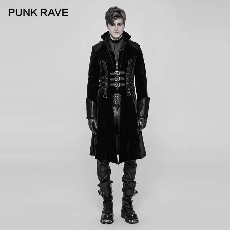 Trench da uomo Trench Punk Rave Uniform Rock Black Spessore stile medio-lunghezza Giacca da uomo Gothic Cosplay lungo cappotto a vento