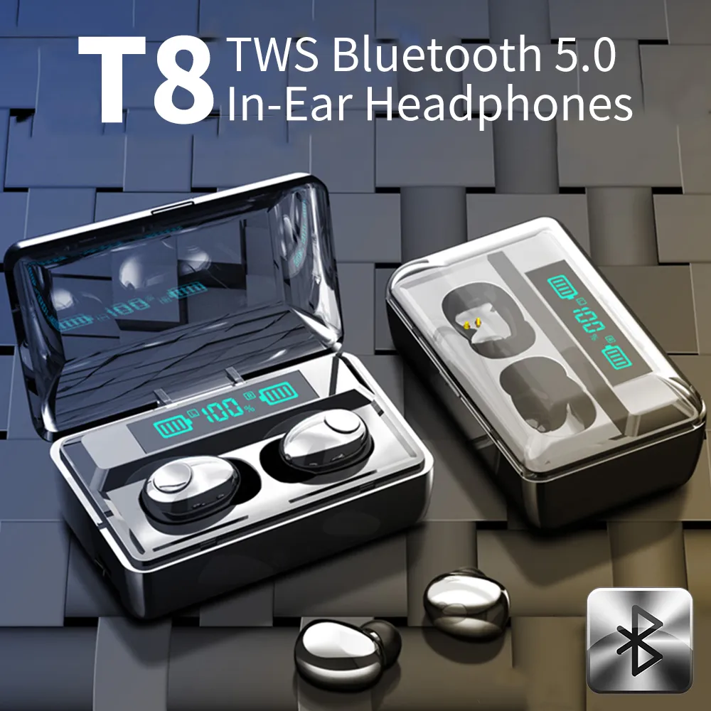 T8 TWS Беспроводная связь Bluetooth 5.0 Наушники Наушники с шумоподавлением Беспроводные стерео Игровые гарнитуры LED Display 3500mAh Power Bank