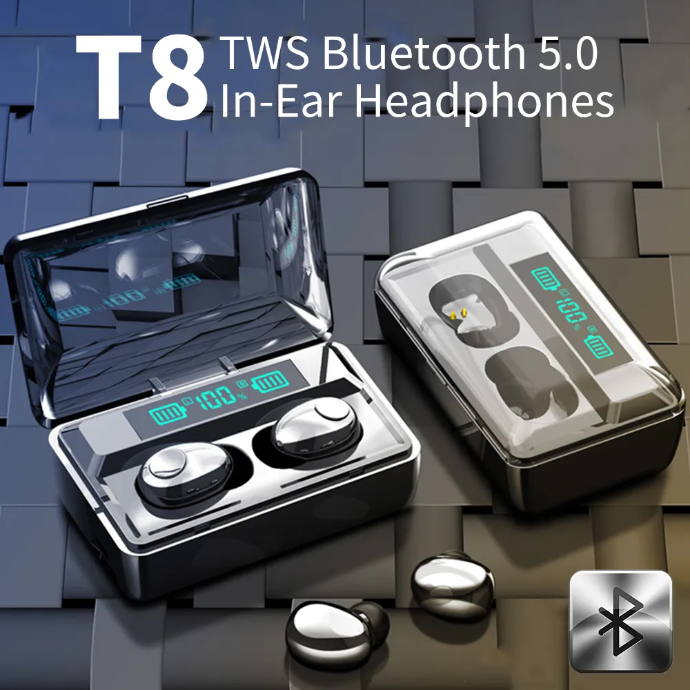 T8 TWS Drahtlose Bluetooth 5,0 Kopfhörer Noise Cancelling Kopfhörer Drahtlose Stereo Gaming Headsets LED Display 3500 mAh Power Bank