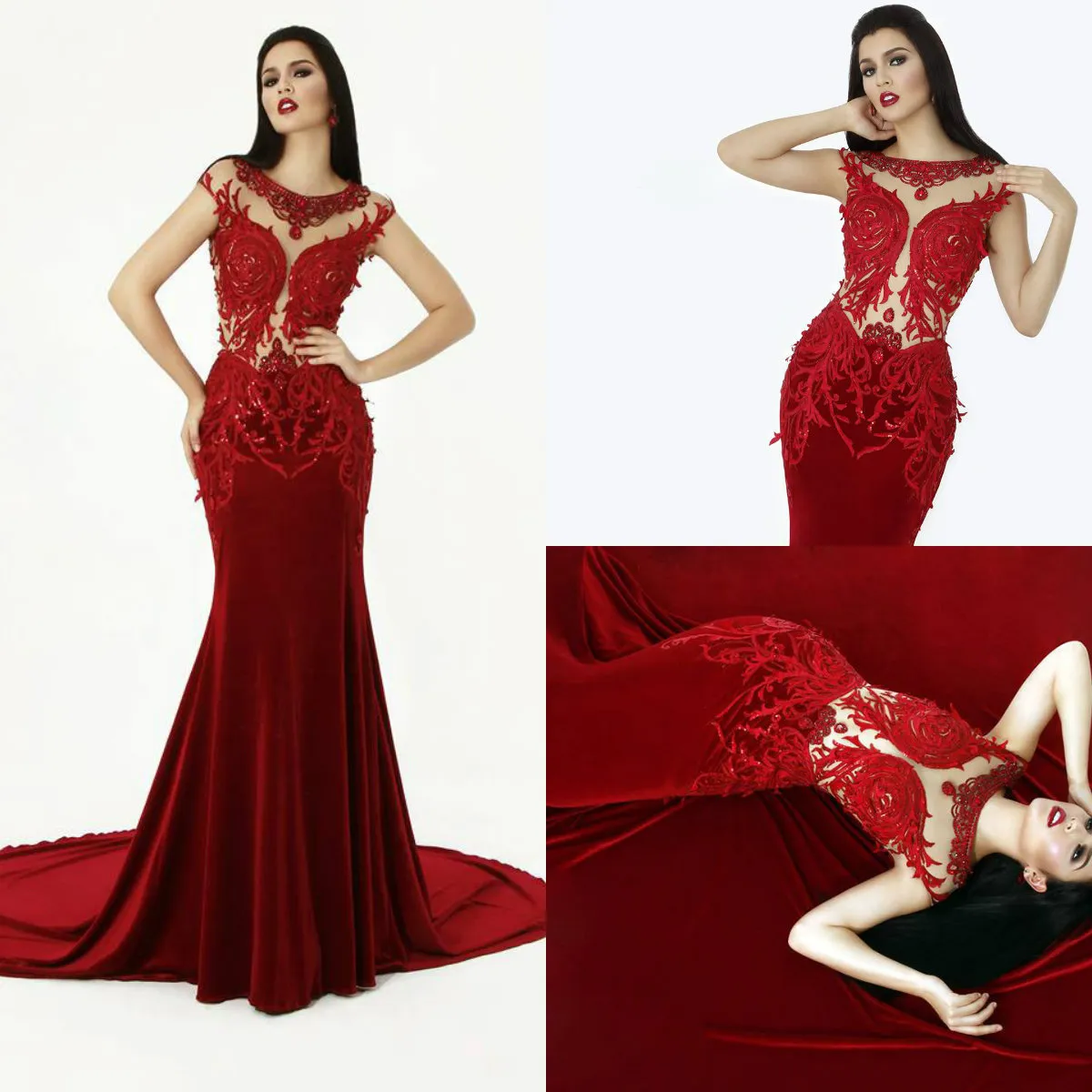 Red Mermaid Prom Dresses Jewel Neck Velvet Sweep Pociąg Appliqued Zroszony Suknia Wieczorowa Cap Sleeve Sexy Formalne okazja Suknie