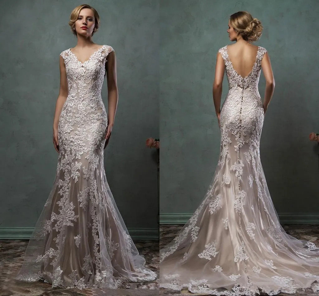 خمر أميليا SPOSA 2020 الشمبانيا الرباط appliqued الديكور حورية البحر فساتين الزفاف Eleagnt عودة فتح V الرقبة زائد الحجم شاطئ البوهيمي ثوب الزفاف