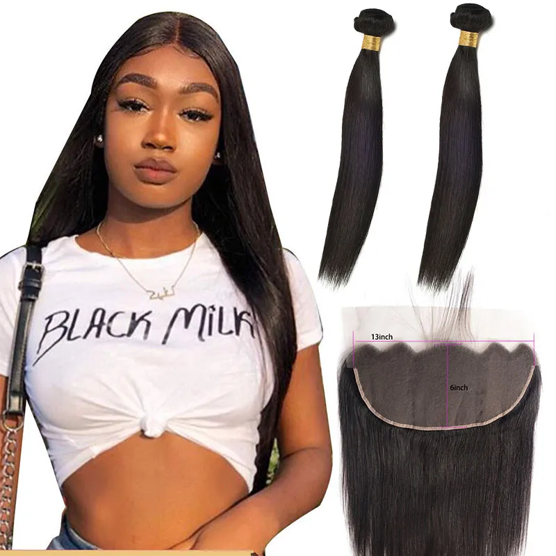 Peruvian Human Hair Silky Straight 8-30inch Hair Extensions Bundles With 13X6 Lace Frontal Free Part Natural Color 3PCS Virgin Hair Wefts