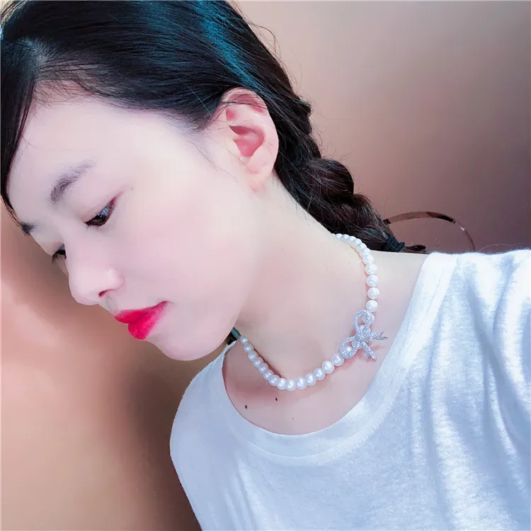 Hot sell new style 8-9mm 37cm white freshwater pearl necklace micro inlay zircon bowknot accessories neck chain fashion jewelry