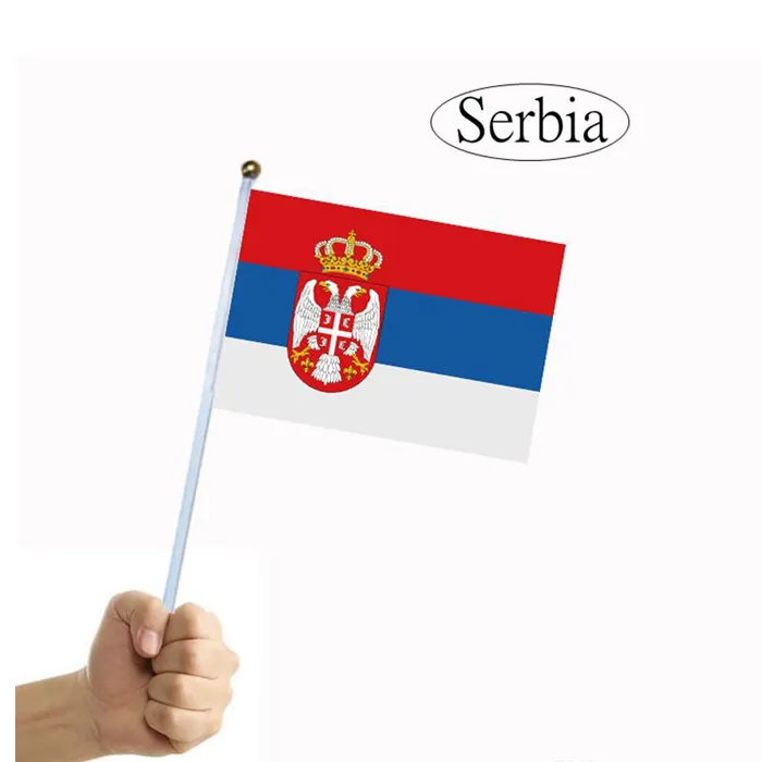 Bandiera e striscione sventolante tenuto in mano della Serbia per interni ed esterni, tessuto in poliestere, crea le tue bandiere