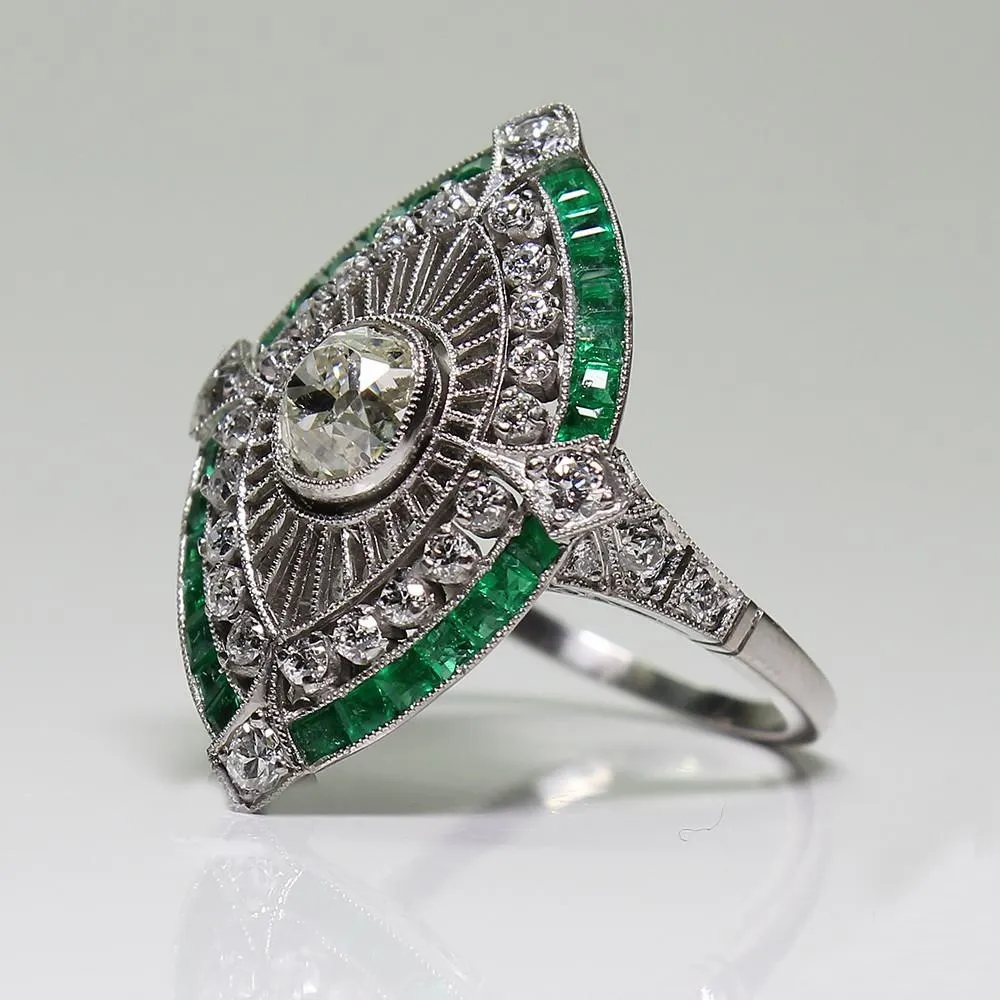 Antique Art Deco 925 Sterling Silver Emerald & White Sapphire Floral Engagement Party Ring Size Anniversary Gift Day US 5 -12189K