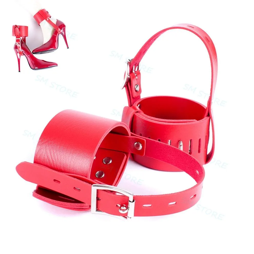 Bondage Lockable Leather Ankle Belts Restraint cuffs Fixed to High Heel Shoes Straps AU65