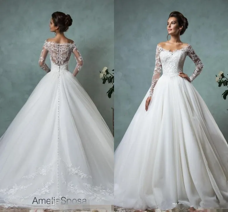 Vintage 2020 Amelia Sposa vestidos de novia de manga larga con cuello en V apliques de encaje vestidos de novia de boda vestido de fiesta 252C