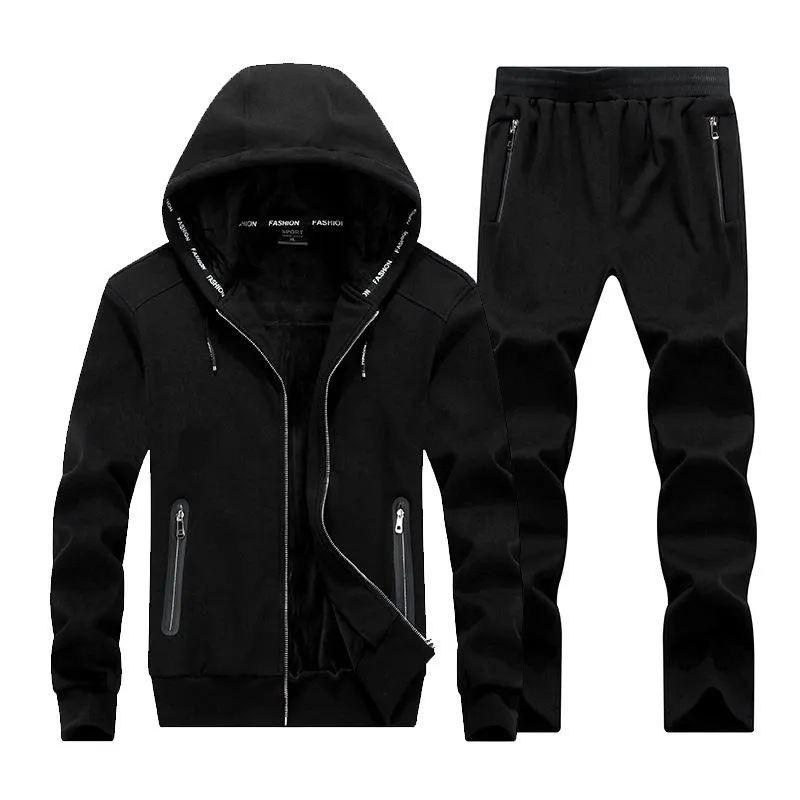 O-Neck Fashion New Winter Män Set Hooded Sporting Suit Jacka + Pant Sweatsit 2pc Tjocken Sportkläder Män Tracksuit Set Clothing Trend