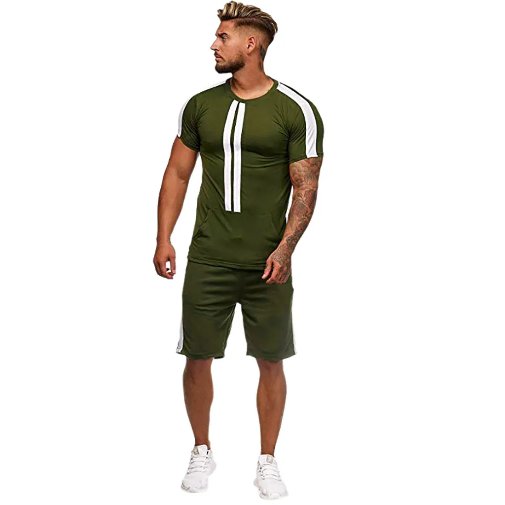 LNCDIS Sports Thin Set Casual Mens Suits Mens Summer Leisure Fashion Color Collision Short Sleeve Shorts Men Tracksuit Set Q1