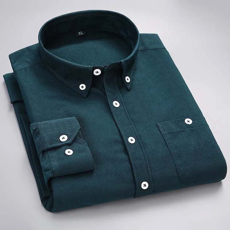 Camisas de vestir de hombre de negocios s lidas con cuello abotonado de pana de Color azul lago camisas formales de manga larga para oto o e