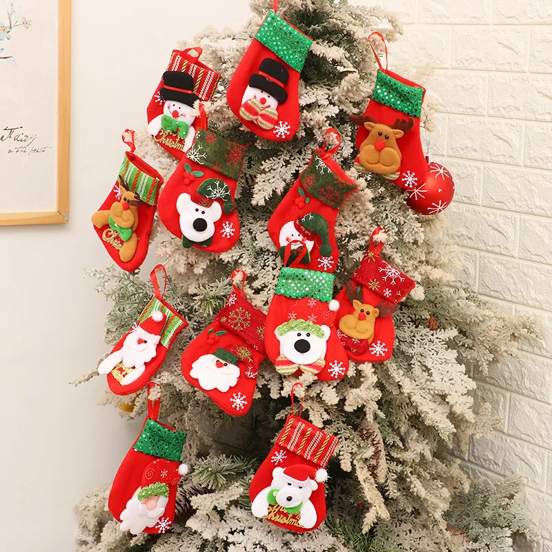Pullu Şerit Mini Noel Çorap Yüksek Kalite Şeker Noel Hediye Çantası Asmak Noel Baba Kardan Adam Noel Ağacı Süs Çorap DBC VT0766