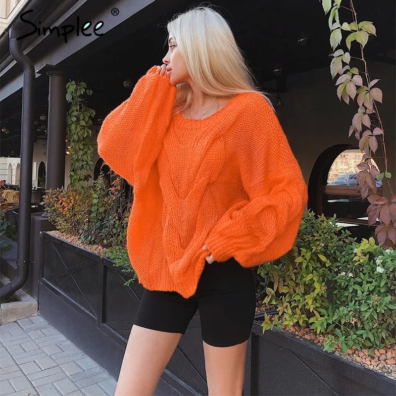 Wholesale Simplee Hollow out mohair women pullover sweater Autumn winter lantern sleeve female orange sweater Oversize ladies jumper 2019