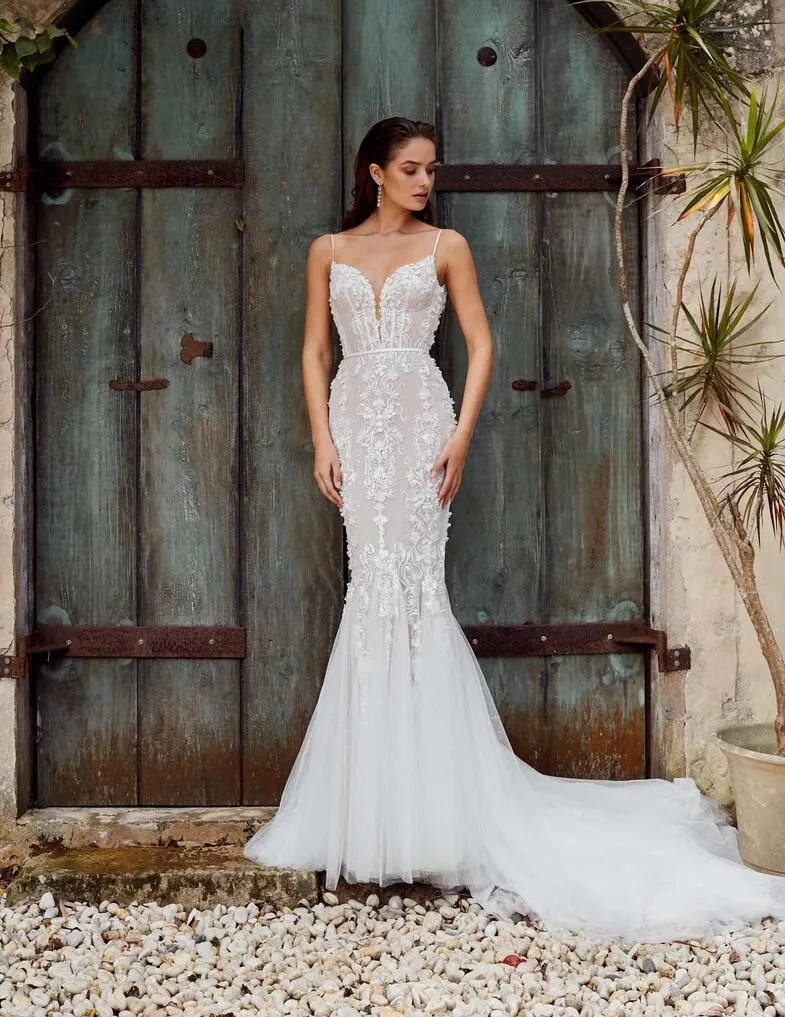 beaded venice lace trumpet wedding dress Beaded Scroll Lace Trumpet Wedding Dress