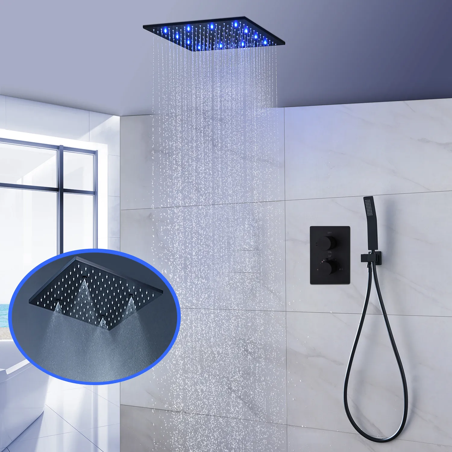 Badezimmer Schwarzes Duschsystem 16 Zoll/20 Zoll Decke SPA Nebel Regenduschkopf Panel 3-Wege-Thermostatmischer LED-Duscharmaturen