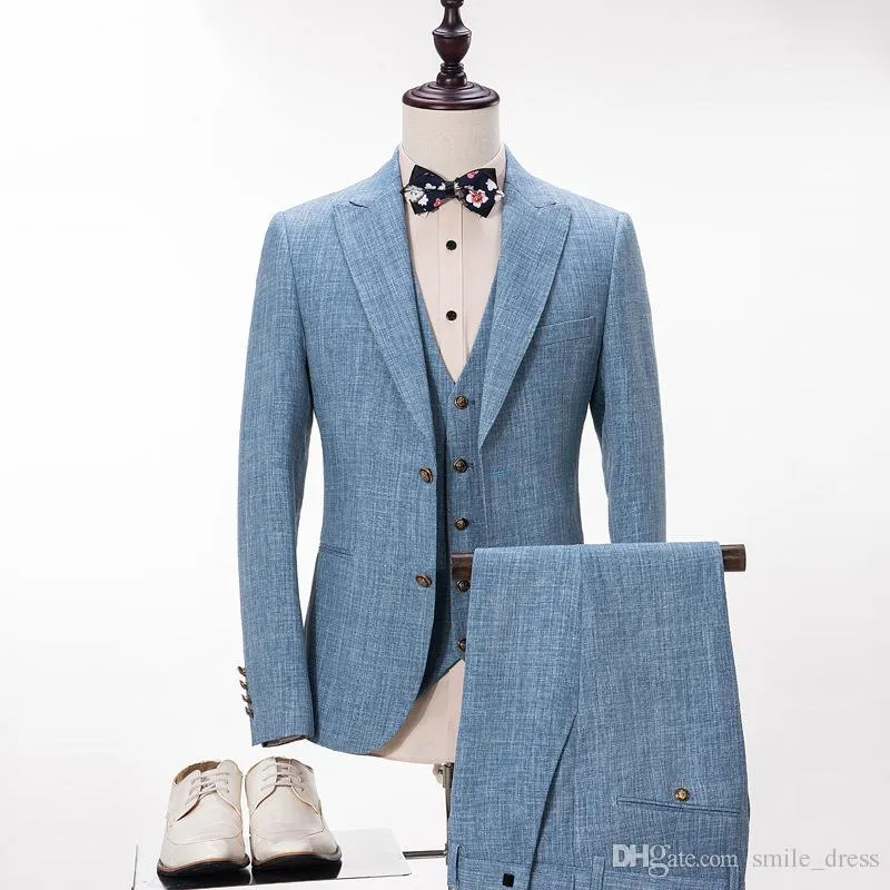 Custom Made Lin Bleu Clair Mens Costumes Pour Les Entreprises Culminé Mariage Tuxedos Bestmen