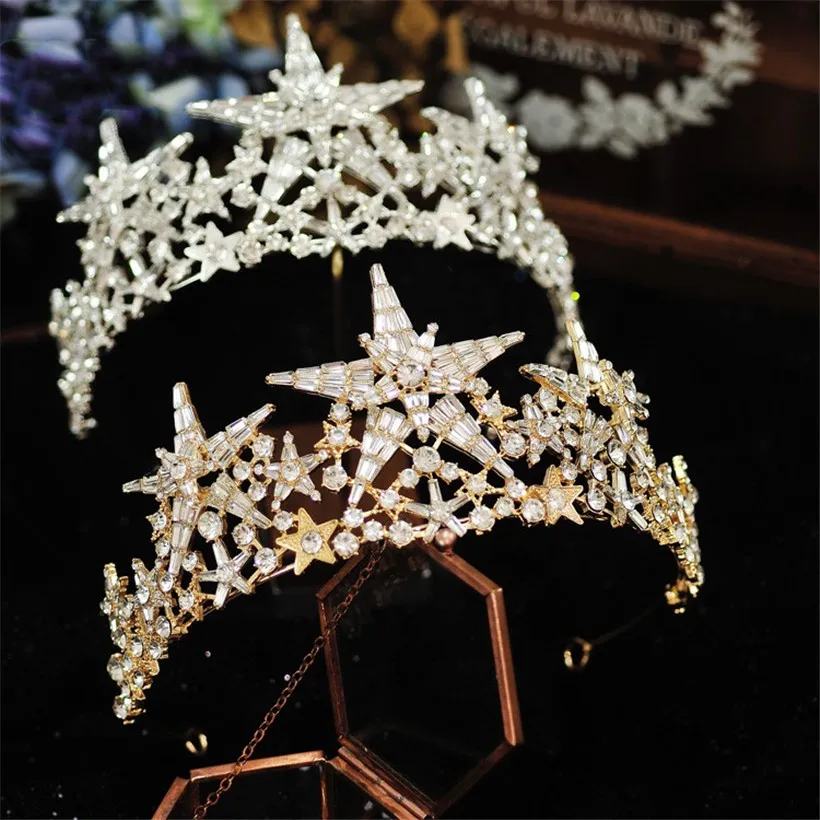 Vintage Düğün Gelin Yıldızı Taç Tiara Kristal Rhinestone Head Band Gümüş Altın Başlık Başlık Partisi Balo Kore Saç Ornamen267c