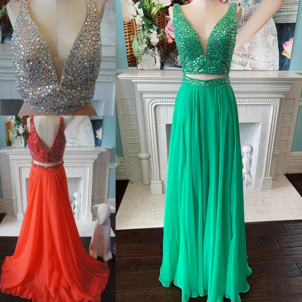 Bling Bling Crystals Chiffon Prom Dress 2019 2-stycke En linje V Neck V Back Long Pagant Party Formella klänningar Ärmlös