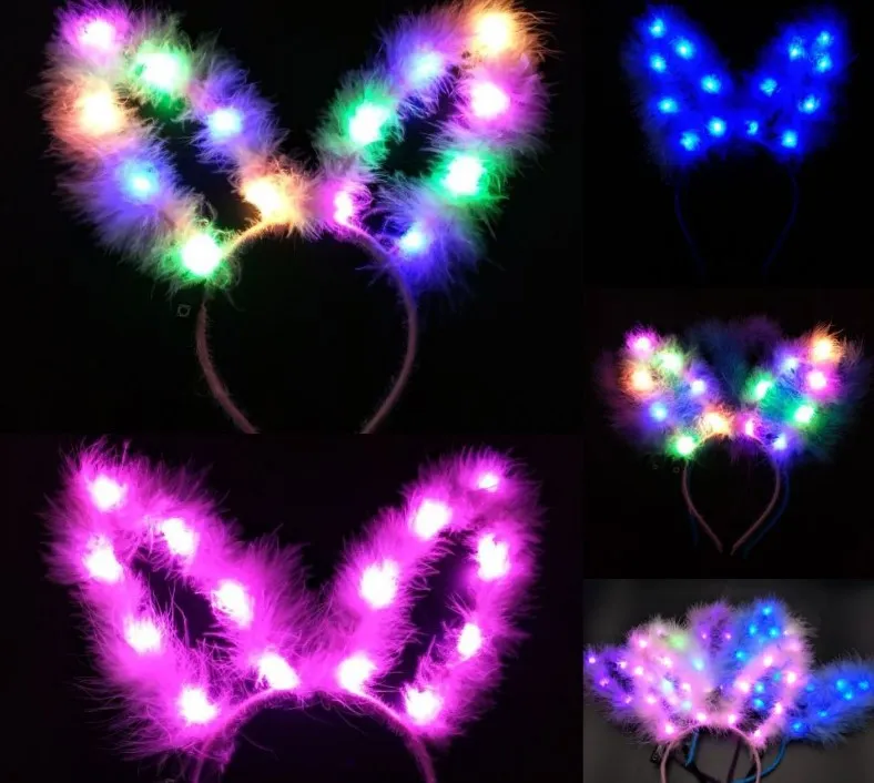 LED migające pióro uszy królika z pałąkiem na głowę kobiety Bunny Light Up opaska do włosów nakrycia głowy świecące Hoop dekoracje na przyjęcie weselne i urodzinowe