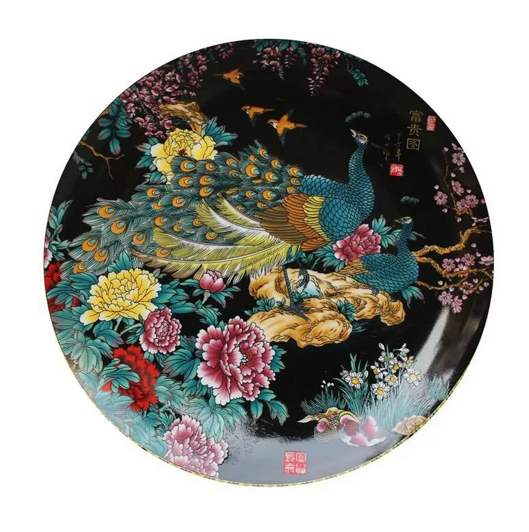 Hela nya Jingdezhen porslin Ming och Qing Dynasty Decoration Plate Antique Black Peacock Rich2776