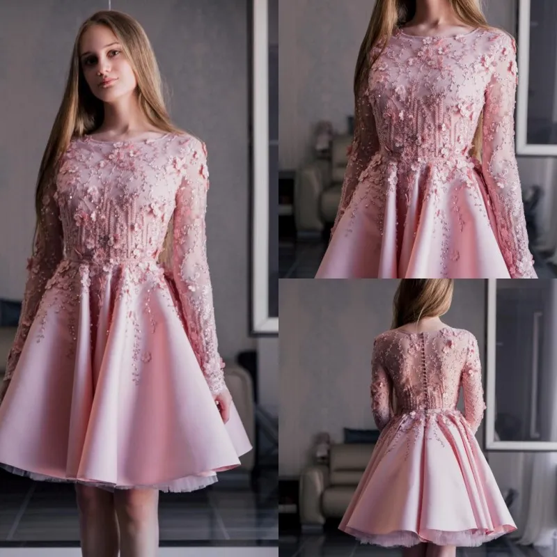 Manga rosa longo vestidos de baile jóia pescoço renda appliqued cristal vestidos de noite uma linha cauda curta vestido de baile