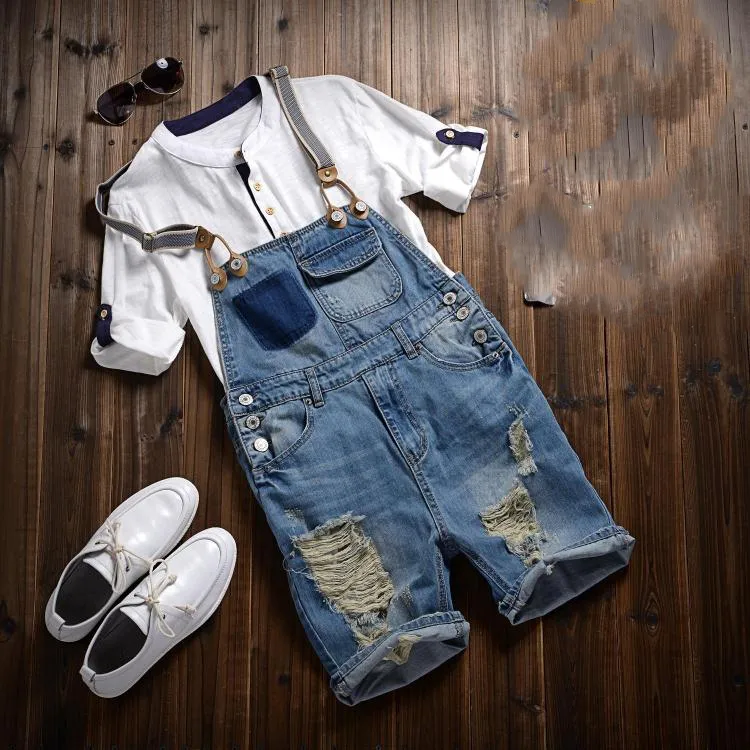 2018 Summer Fashion Men's Bib Overalls Short Man Casual Slim Fit Ripped Denim Jumpsuits Jeans Shorts Pants