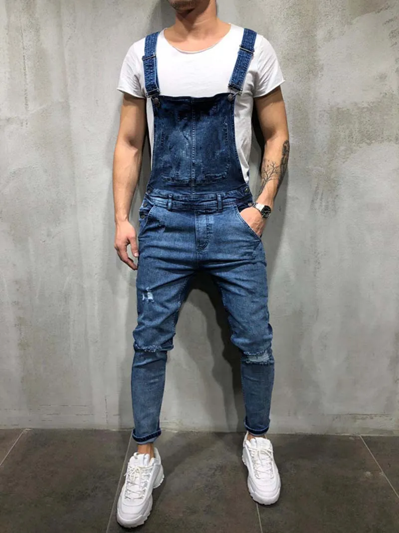 Mode hommes déchiré Jeans barboteuses décontracté avec ceinture combinaisons trou Denim salopette vélo Jean trous rayé