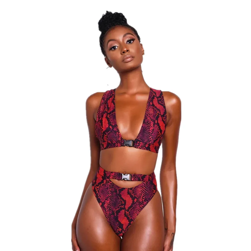 Schnalle Hohe Taille Bikini Set Afrikanische Badebekleidung Frauen Badeanzug Sexy Rote Schlange Druck Badeanzug Weibliche Bikinis Brazilian