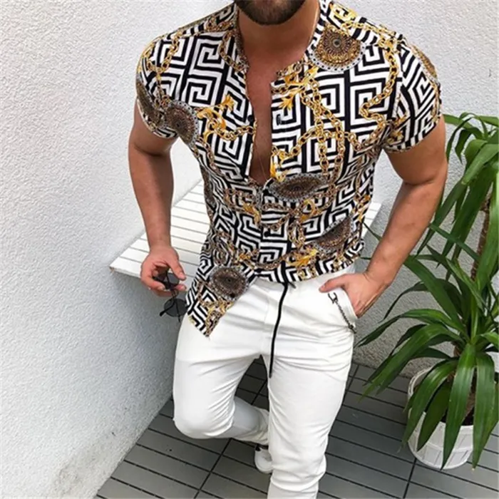 Mens Short Sleeve Gold Chain Pattern Printed Casual Button Down Shirt Slim Fit Tops Polyester From Tangculiyu 14.64 DHgate.Com