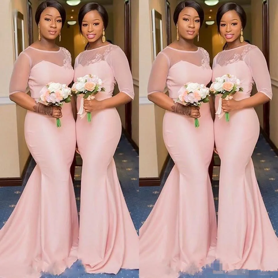 Robes de demoiselle d'honneur sirène africaine nigériane rose blush avec manches 2019 pure dentelle cou plus la taille demoiselle d'honneur robe de mariée