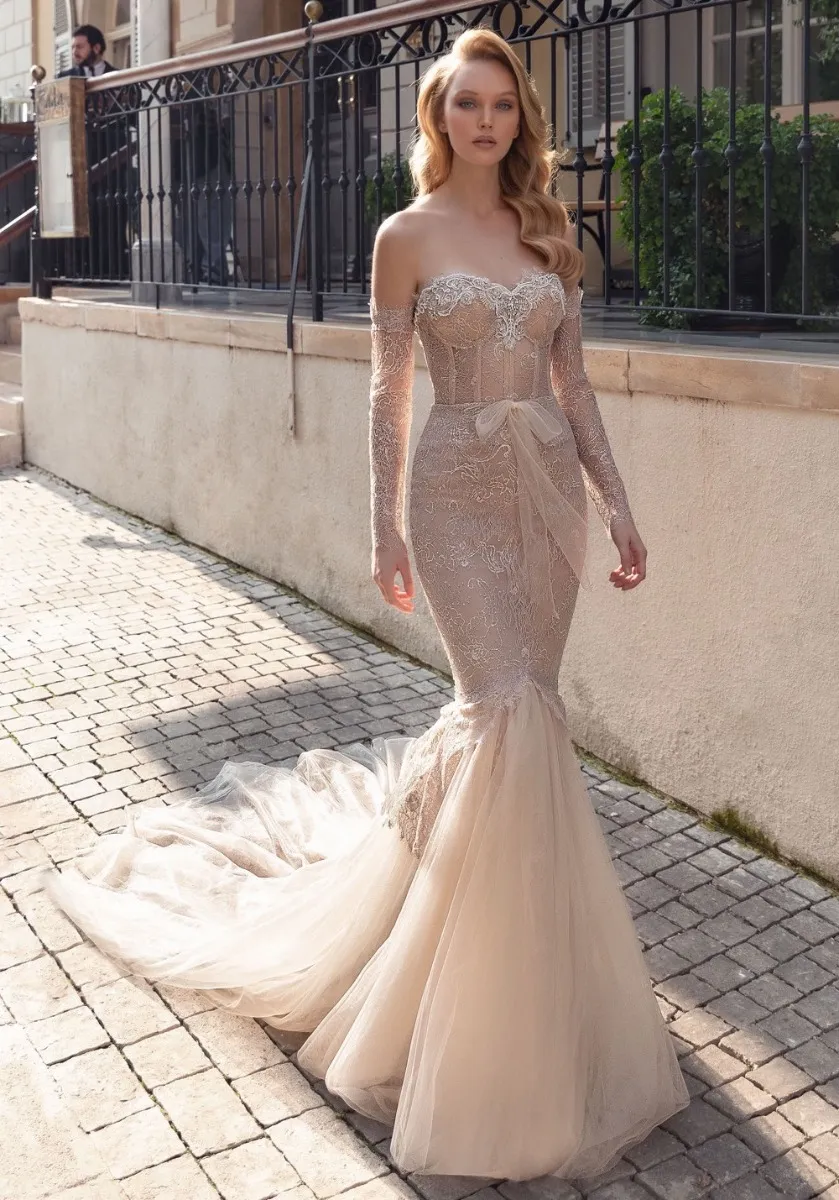 Nude sparkly mermaid wedding dress with Beaded Corset and Detachable Long Sleeves - Sweetheart Neckline and Lace Detailing - Perfect for Your Special