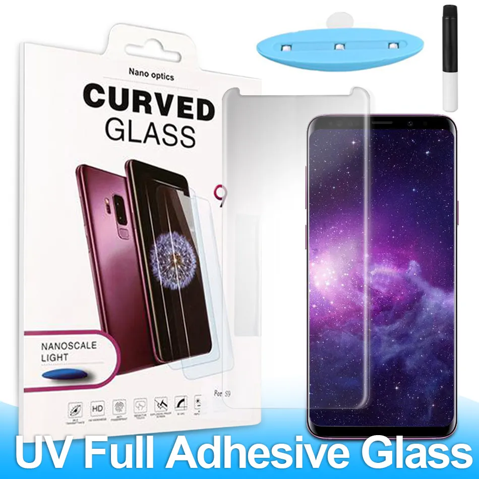 Samsung S23 S22 S21에 대한 전체 접착제 곡선 가장자리 강화 유리 노트 20 10 Plusliquid Dispersion Tech UV Light Screen Protector 소매 상자