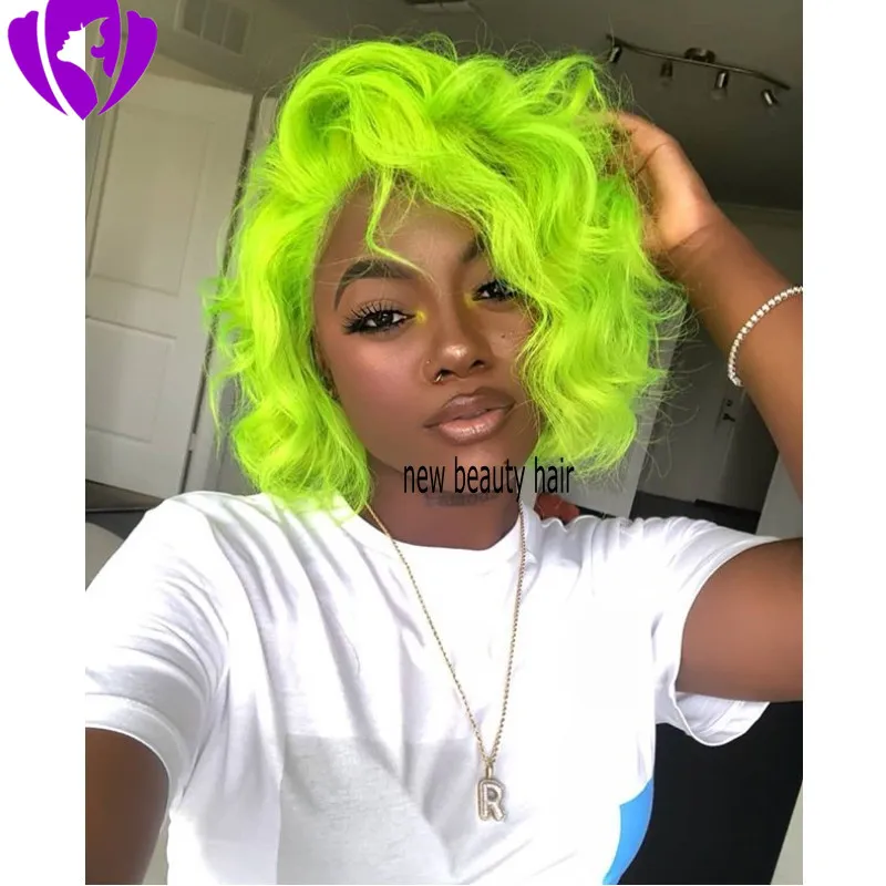 Mão amarrada Mint cor verde cor curta resistente ao calor sintético onda profunda onda de cabelos virgens brasurinões de renda cheia BOB WIGS PARA MULHER