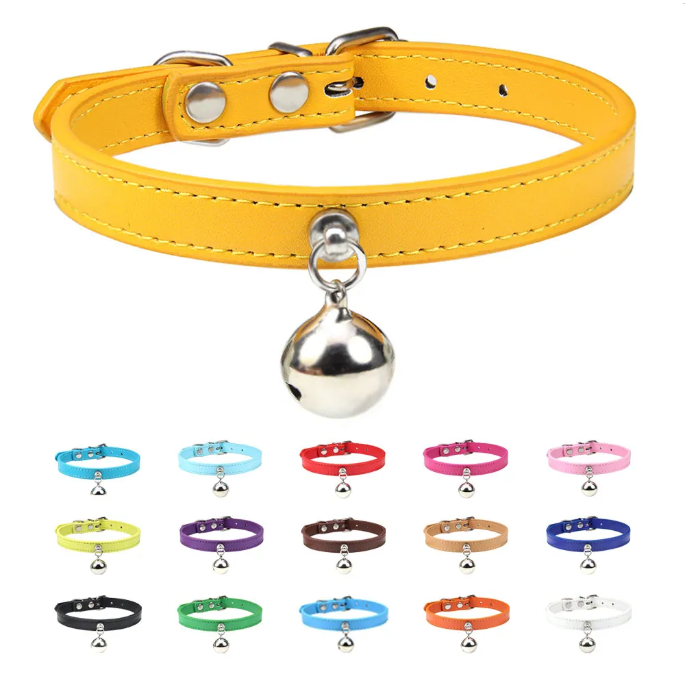 16 kleuren Huiskraag met Bell Puppy Katriem Ketting PU Materiaal Verstelbare Bell Cat Collar Pets Acessorios