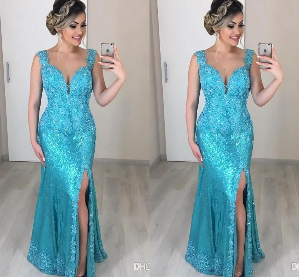 Elegante abito a sirena per la madre della sposa in pizzo con perline e paillettes, lunghezza del pavimento, scollo a cuore, spacco laterale alto, abito per la madre dello sposo