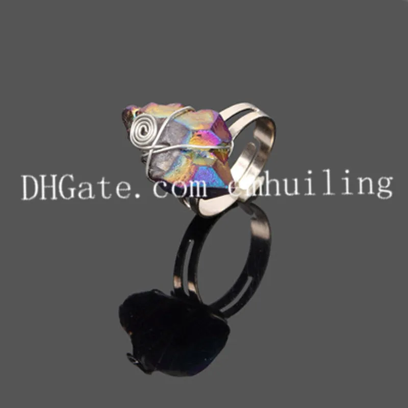 10pcs 원시 멋진 Druzy 돌 조정 가능한 반지 핸드 메이드 와이어 포장 된 Freeform Rainbow Titanium Mystic Quartz Crystal Gemstone Ring Ring