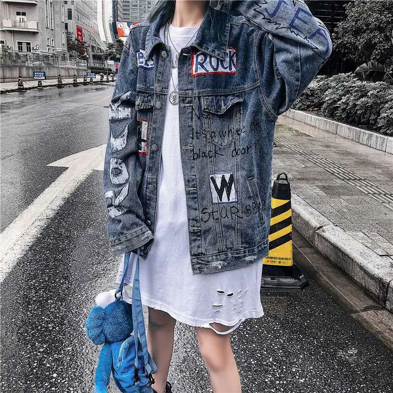 Hip Hop Denim Jacket Men: Harajuku Streetwear Graffiti Jean