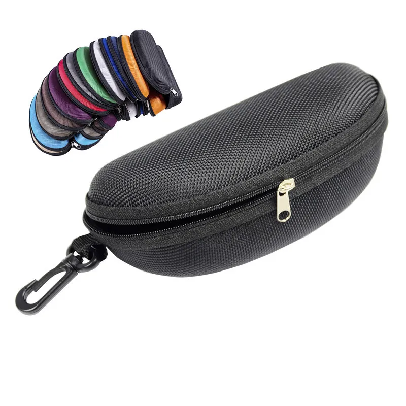 Hot Oxford Cloth Black Glasses Case Sunglass Protection Box Eva Zipper Eyeglass Paket Solglasögon Väska med krok Eyewear Tillbehör Multi