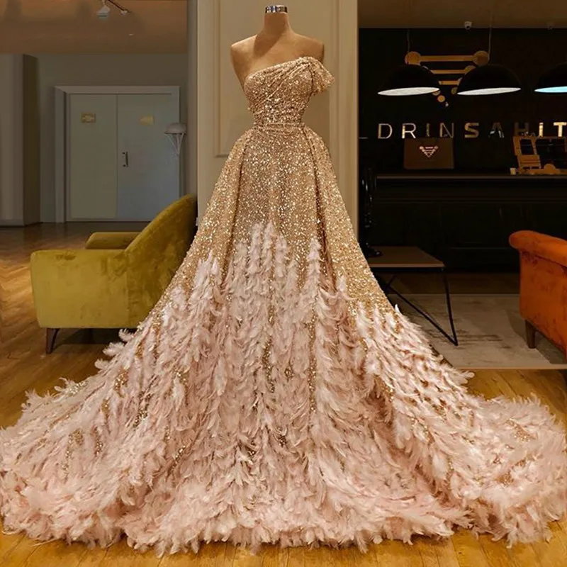 Struisvogel veer luxe avondjurken sparkly pailletten strapless a line goud prom jurk feestkleding op maat gemaakt formele toga's