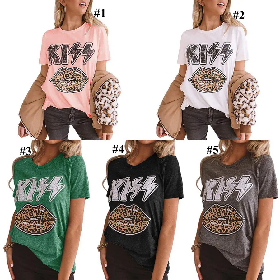 Leopard läppar tröjor kvinnor leopard tryckta kyss läppar grafisk tee top t-shirt söta sommar vintage tjejer t-shirts ljjo7949