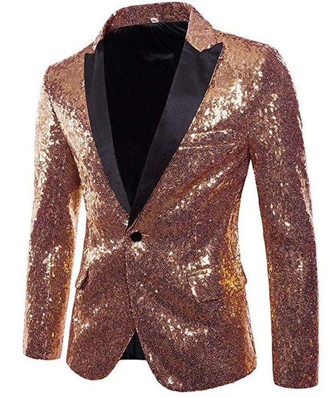 Gorgeous Rose Gold Men Show Coat Men's Shiny Sequins Suit Jacket Blazer One Button Tuxedo for Party Wedding Banquet Prom