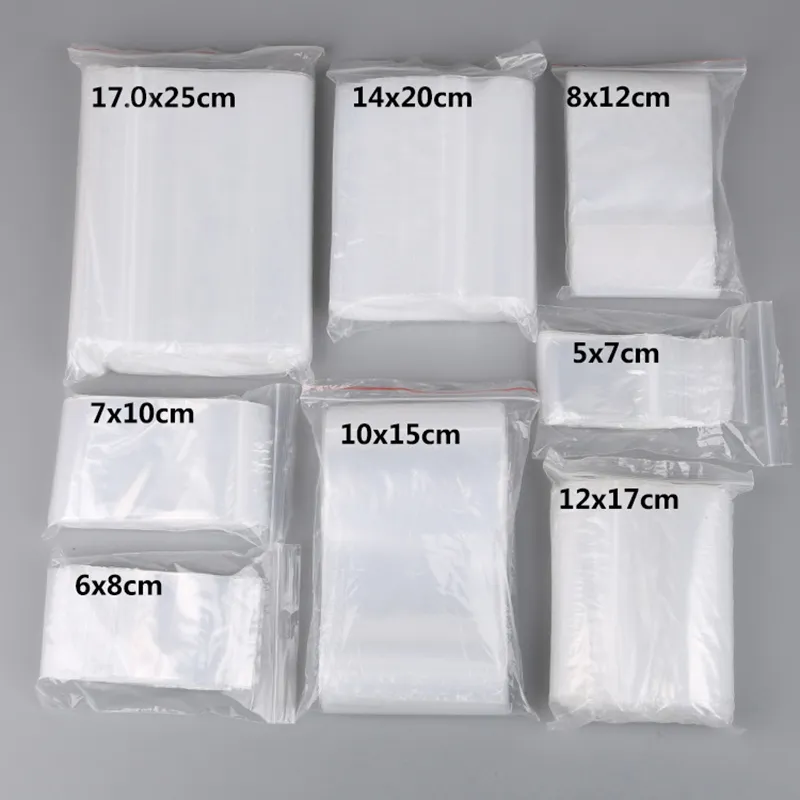 100 st/Lot Small Zip Lock Plastic Påsar Recloserbara transparenta smycken/Matförvaringspåse Kök Paket påse Clear Ziplock PAG POOSHY