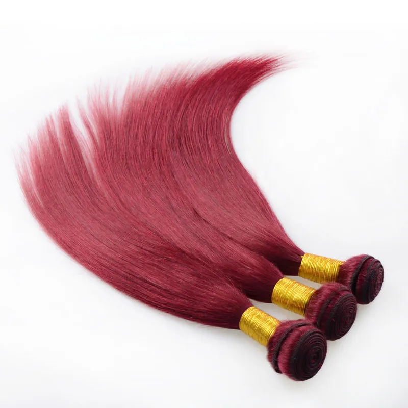 7A europäisches reines Haar, glatt, 3 Bündel, maschinell gewebt, doppelt genäht, 99j, 100 % unverarbeitete Remy-Echthaarverlängerungen, Burgundy Hair Weaving