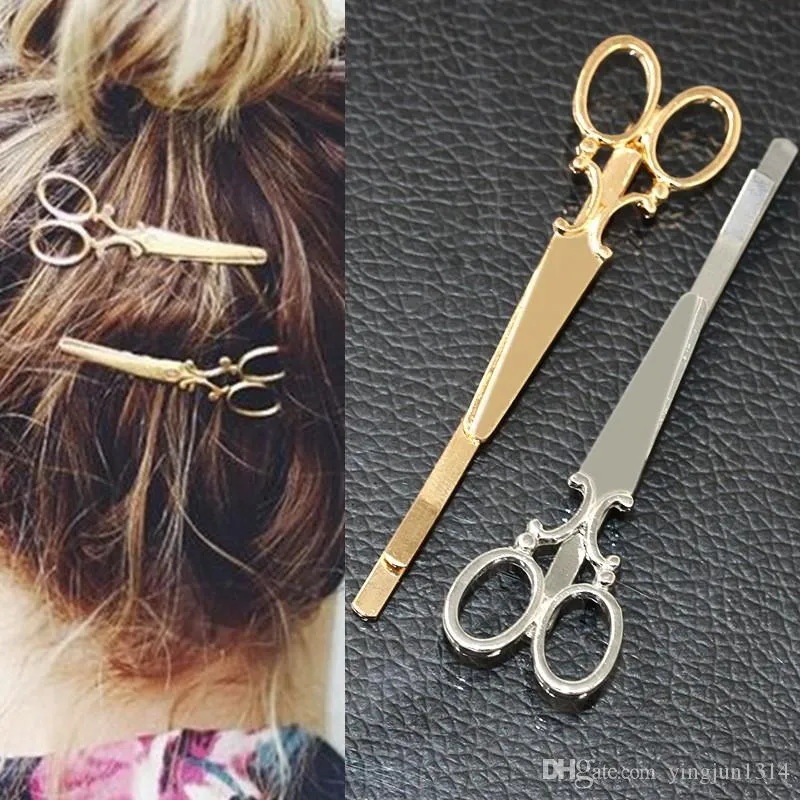 Cool Simple Head Jewelry Hair Pin Gold Scissors Shears Clip för hår Tiara Barrettes Tillbehör Huvudbonad för tjejkvinnor