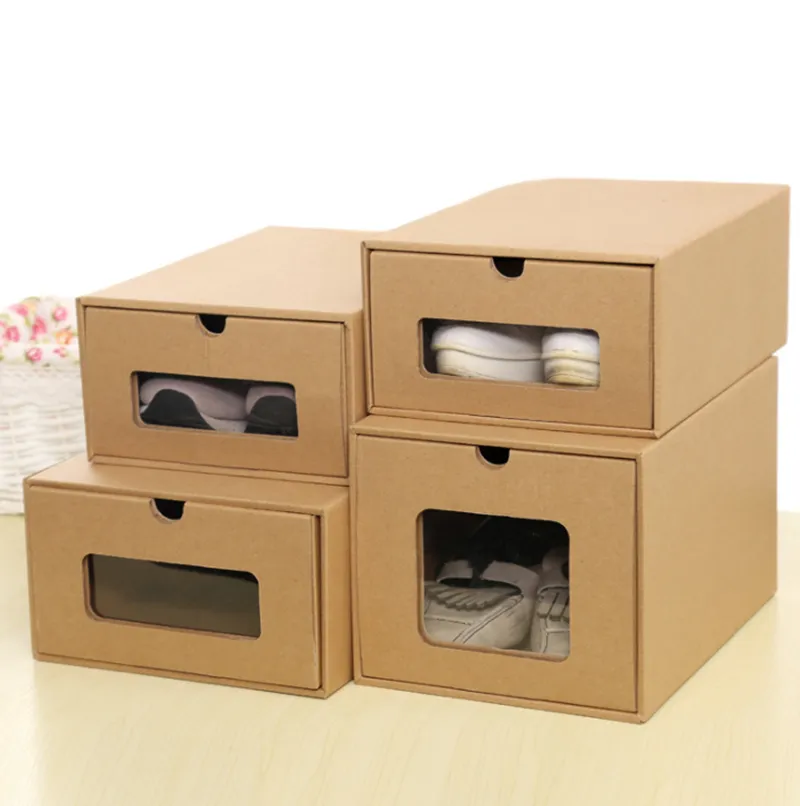 Kraft Paper Shoe Boxes Men Women Shoes Storage Box Assembly Drawer Organizer Boots Dust-proof Box Case